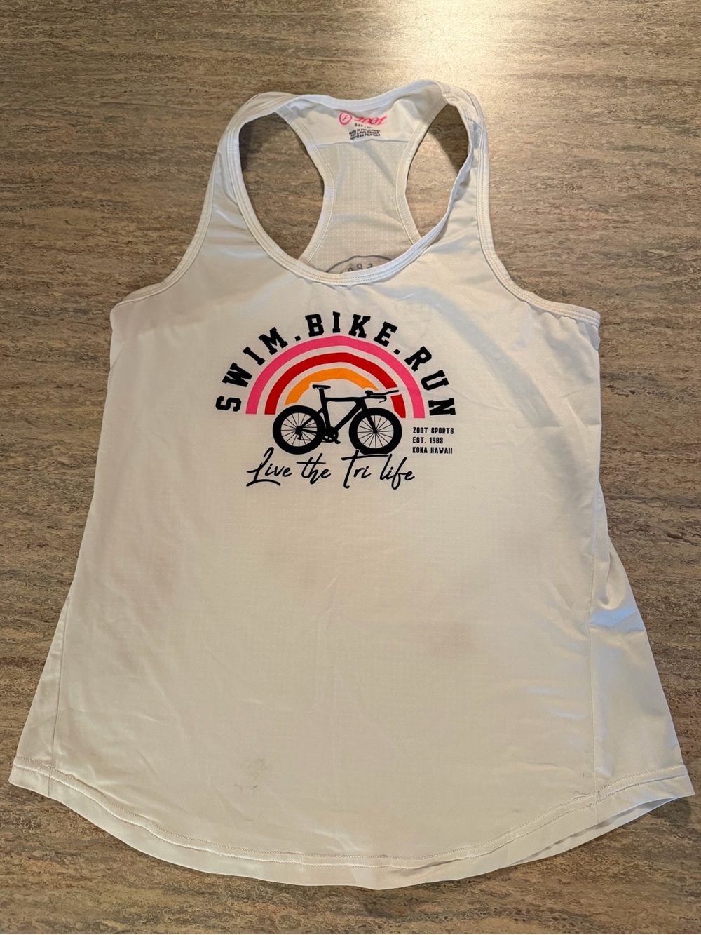 Zoot White Racerback Tank with Rainbow Tri Graphic